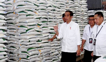 Presiden Joko Widodo (Jokowi) saat melakukan peninjauan stok beras di Gudang Bulog Baru Rawang Timur, Padang, Sumatera Barat