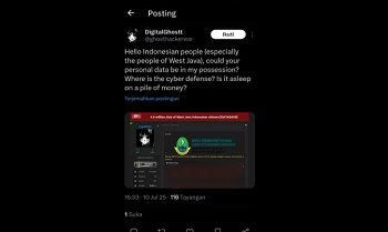 Tangkapan layar unggahan akun dengan nama "DigitalGhostt" di platform media sosial X terkait data identitas warga Jabar